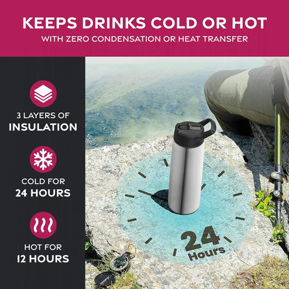 FineDine Water Bottle - Stainless Steel Insulated Water Bottle with Straw Lid, Flip Lid & Wide-Mouth Cap - Keeps Hot and Cold - 25 Oz / 739ml - Pure Pearly White - PuriLite