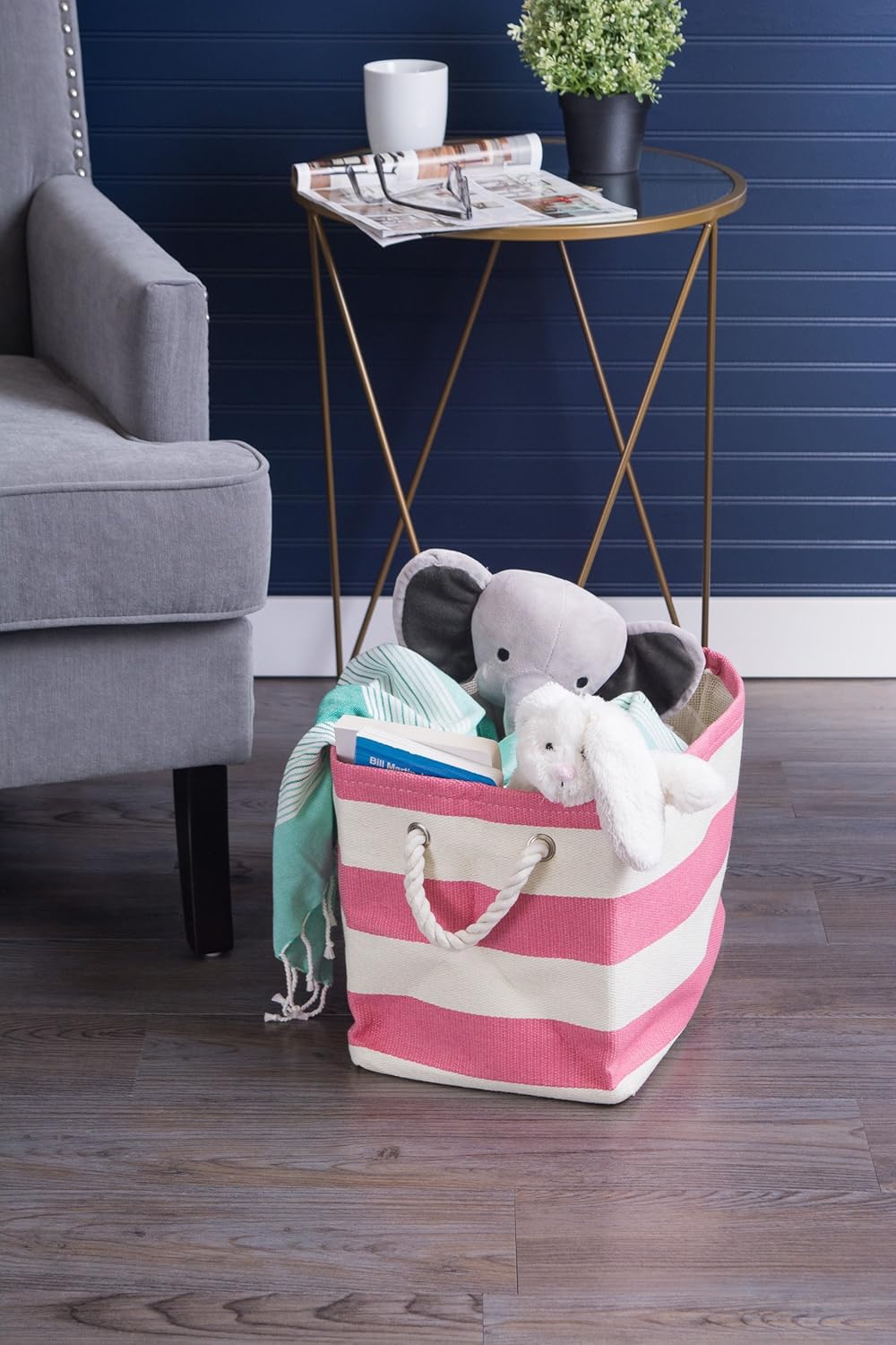 DII Storage Basket or Bin, Collapsible & Convenient Storage Solution for Office, Bedroom, Closet, Toys, Laundry (Large) - Pink Rugby Stripe - PuriLite