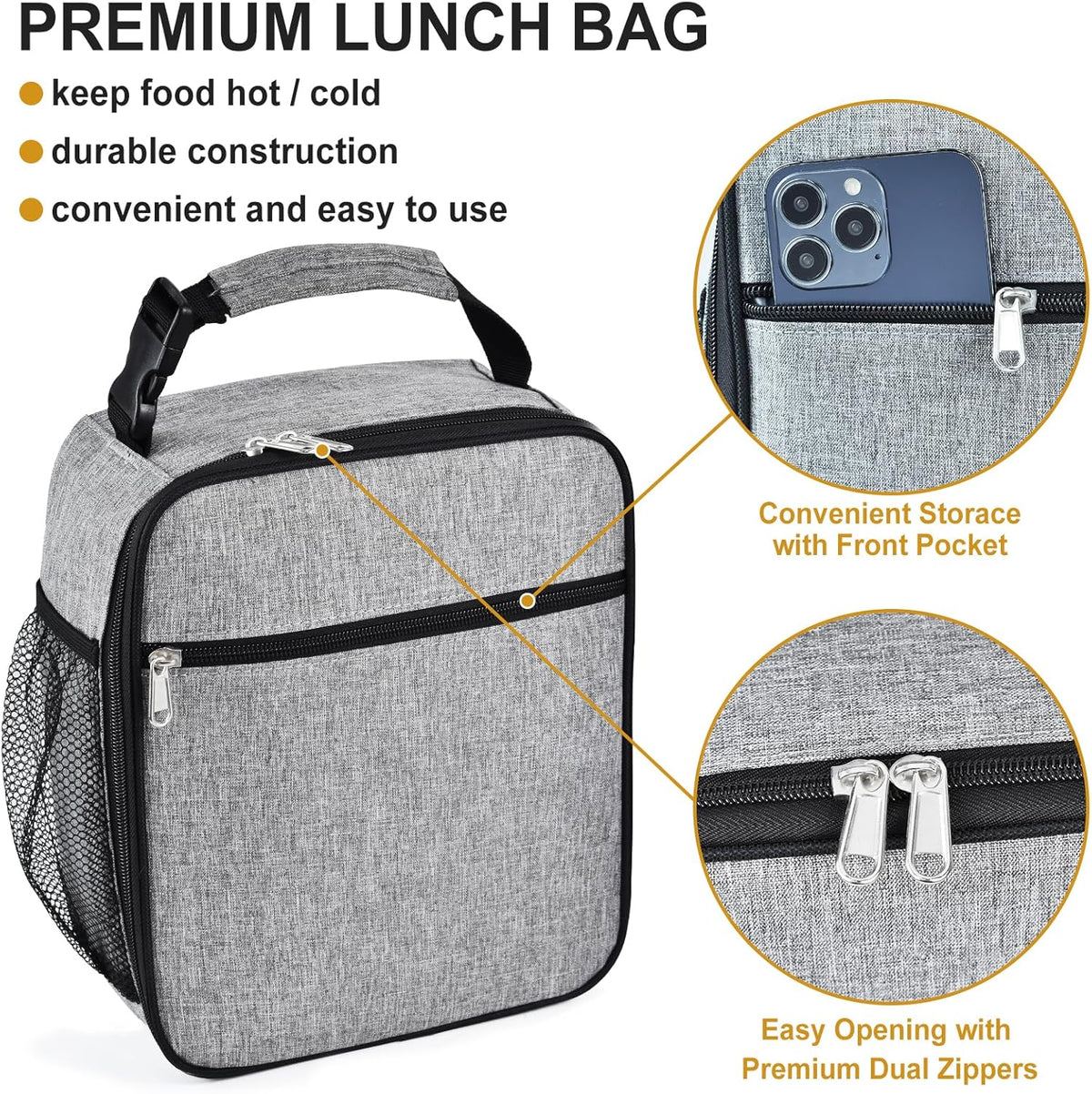 Insulated Lunch Bag, Leakproof Portable Lunch Box for Women Men Boys Girls, Large Capacity Cooler Bag with Handle and Bottle Pocket for Office School Camping Hiking Outdoor Beach Picnic (Black) - PuriLite