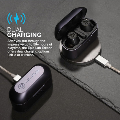 JLab, Epic Lab Edition, True Wireless Earbuds, Hybrid Dual Drivers, Spatial Audio, Black