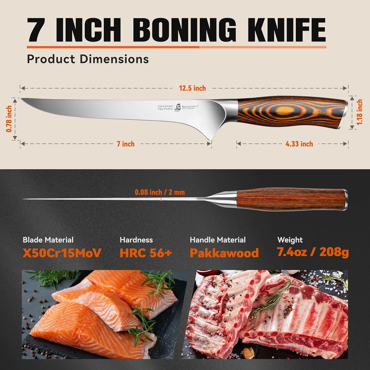 TUO Boning Knife - Razor Sharp Fillet Knife - High Carbon German Stainless Steel Kitchen Cutlery - Pakkawood Handle - Luxurious Gift Box Included - 7 inch - Fiery Phoenix Series - PuriLite