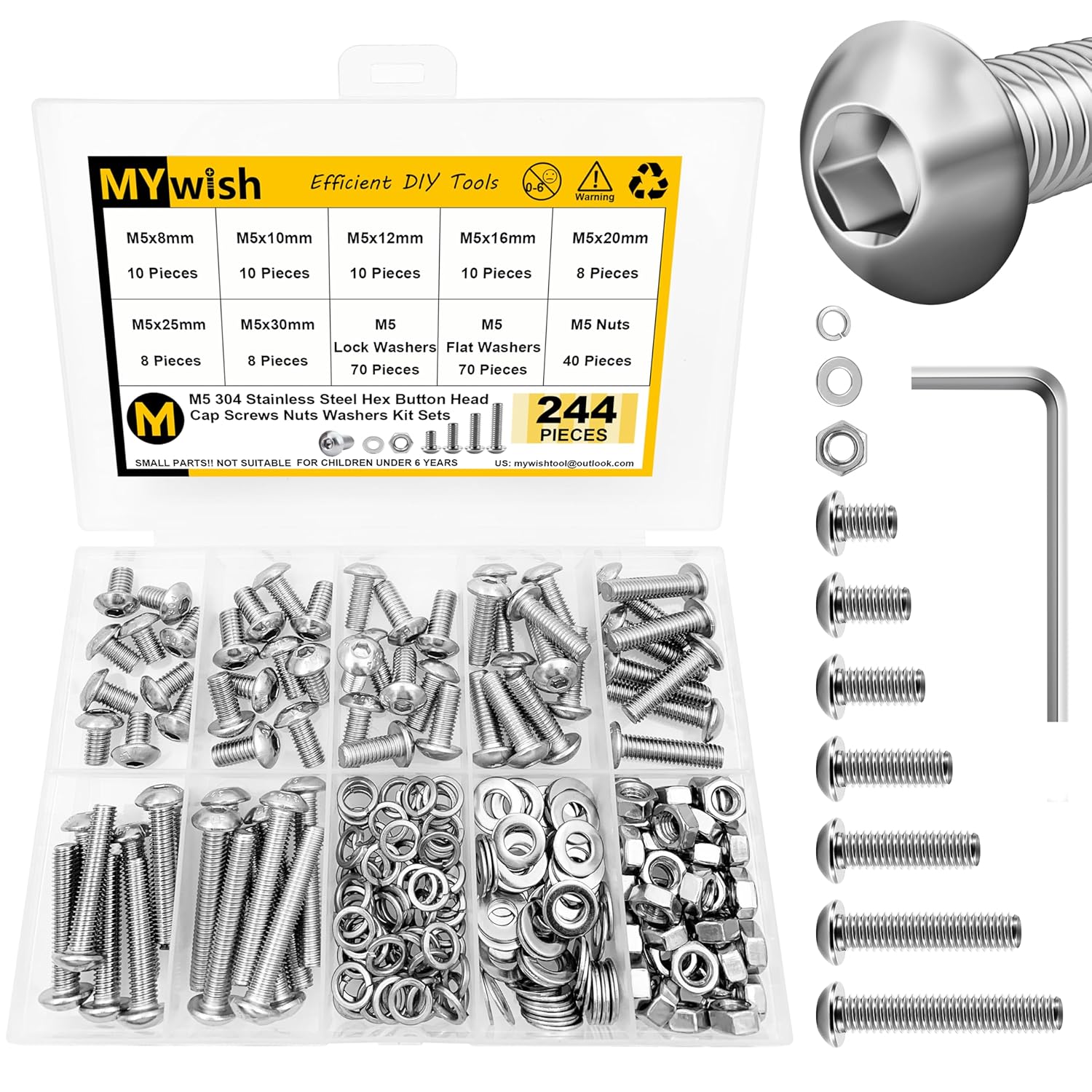 Mywish 900Pcs Metric Screw Assortment, M3 M4 M5 M6 Screw Assortment Kit 304 Stainless Steel Hex Socket Button Head Socket Cap Metric Screws Bolts & Flat Washers/Nuts/Hex Wrenches 16 Sizes 8MM to 20MM - PuriLite