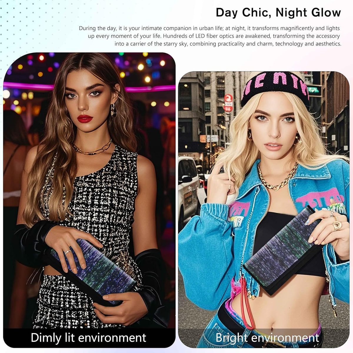 Larcenciel Clutch Purse for Women, LED Light Up Purse - 11 Neon Glow Modes, Holographic Evening Bag with Chain Strap, Rechargeable Party Handbag for Prom Disco Club Bar Night Events Weddings (Black) - PuriLite