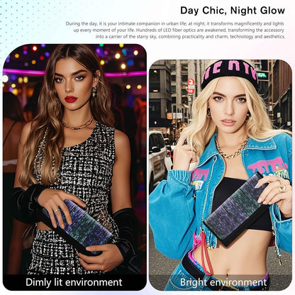 Larcenciel Clutch Purse for Women, LED Light Up Purse - 11 Neon Glow Modes, Holographic Evening Bag with Chain Strap, Rechargeable Party Handbag for Prom Disco Club Bar Night Events Weddings (Black) - PuriLite
