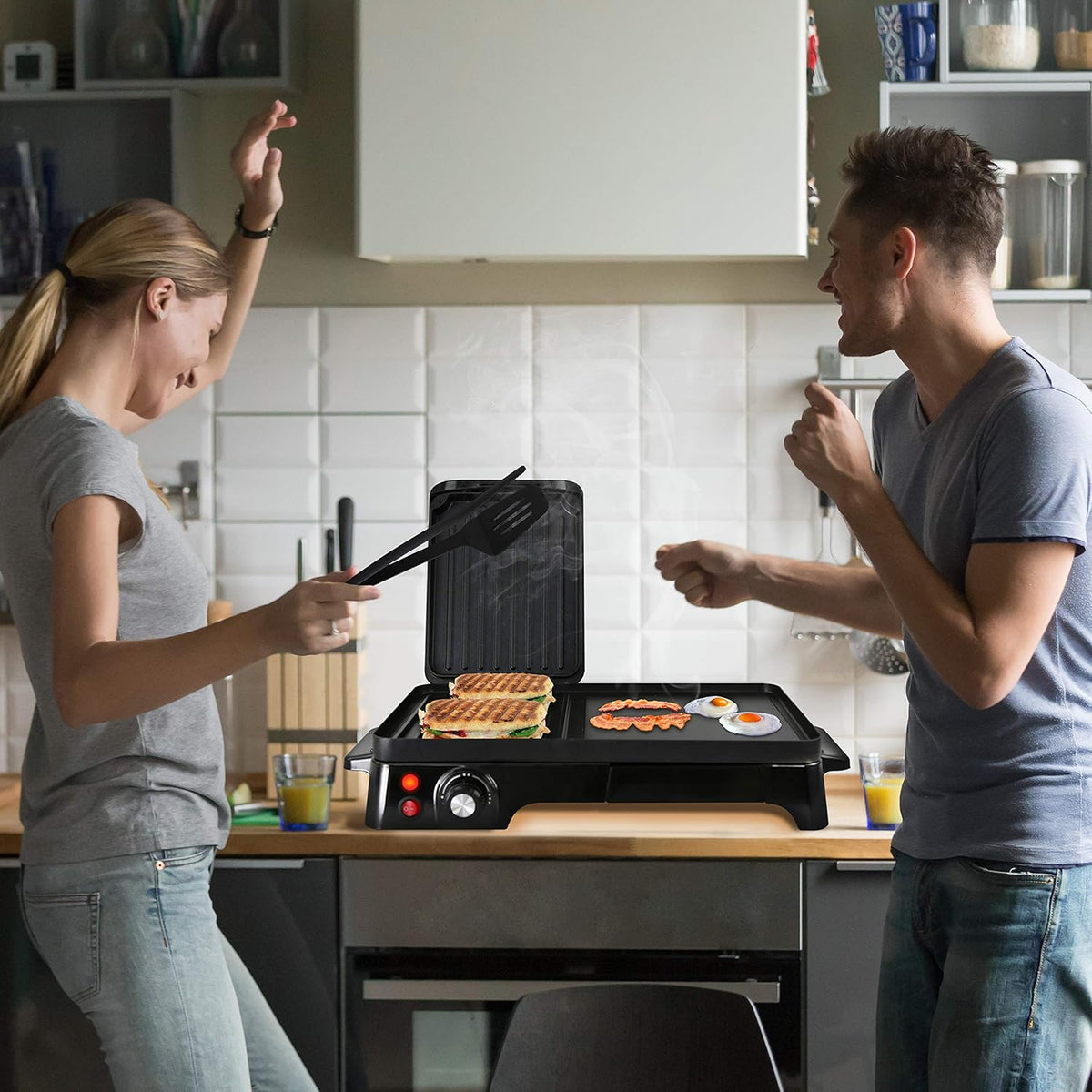 NutriChef Electric Griddle - Dual Hot Plate Cooktop Crepe Maker with Press Grill, Nonstick Coating, Rotary Temperature Control, Plug-in Operation & Oil Tray for Kitchen & Countertop (PKGRIL43) - PuriLite