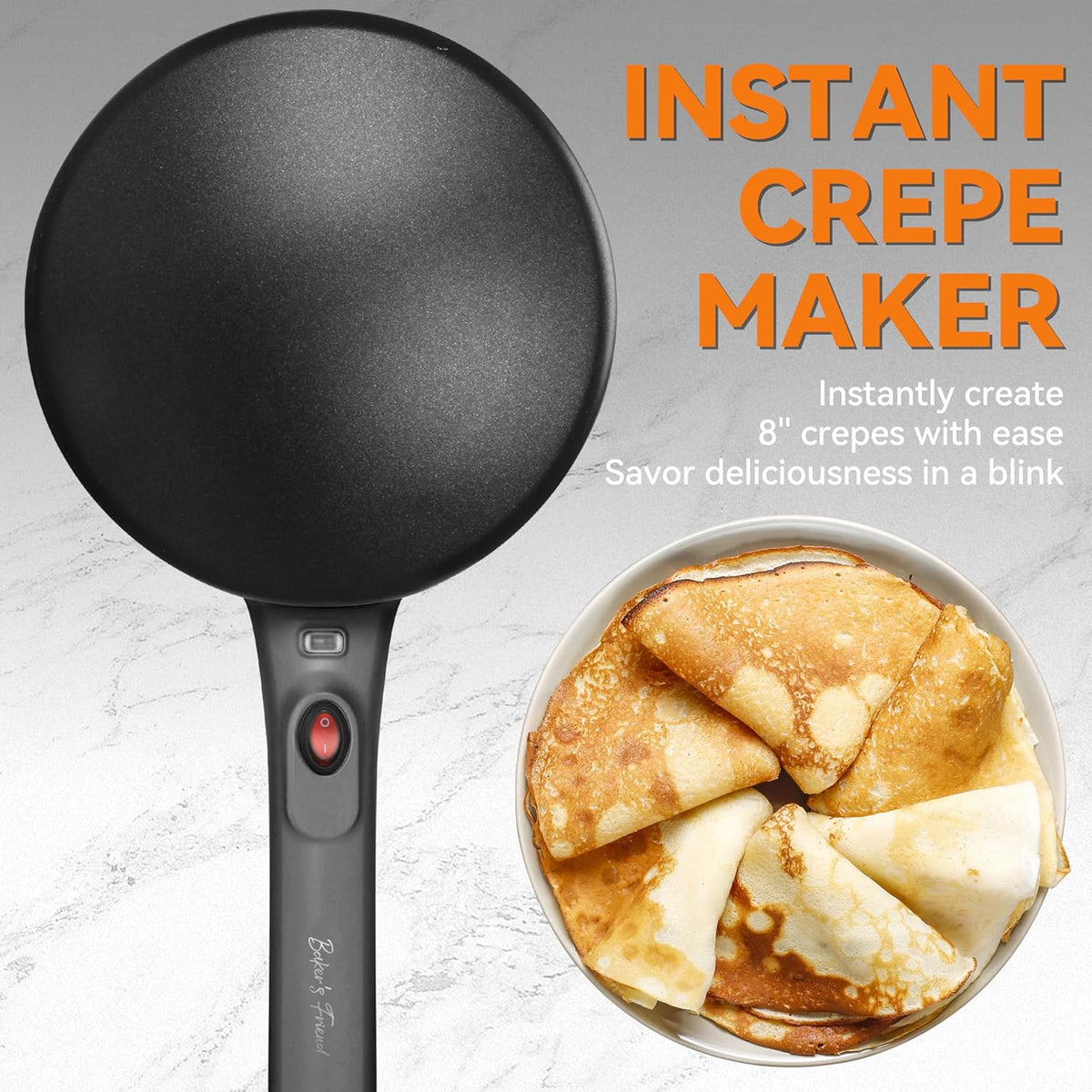 Baker's Friend Crepe Maker Machine with Auto Power Off, Portable Crepe Maker with Non Stick Dipping Plate, Automatic Temperature Control (Graphite) - PuriLite