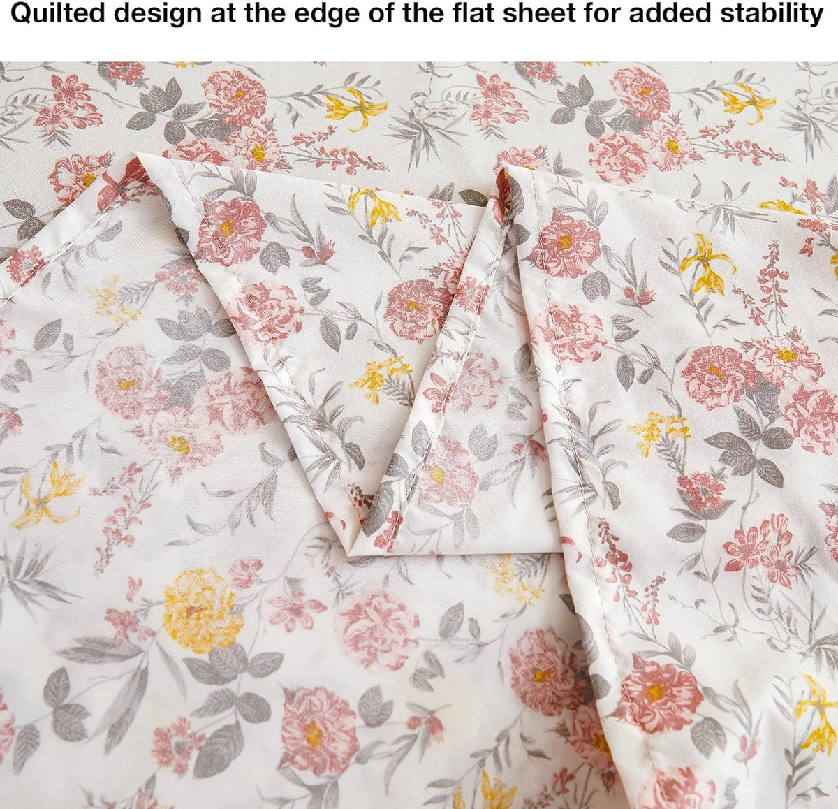 Viviland Floral Queen Sheet Set - 4 Piece Vintage Pink & Yellow Flower Patterned Bed Sheets - Soft, Breathable Microfiber Sheets with Deep Pocket, Non-Slip Fitted Sheets & Pillowcases - PuriLite