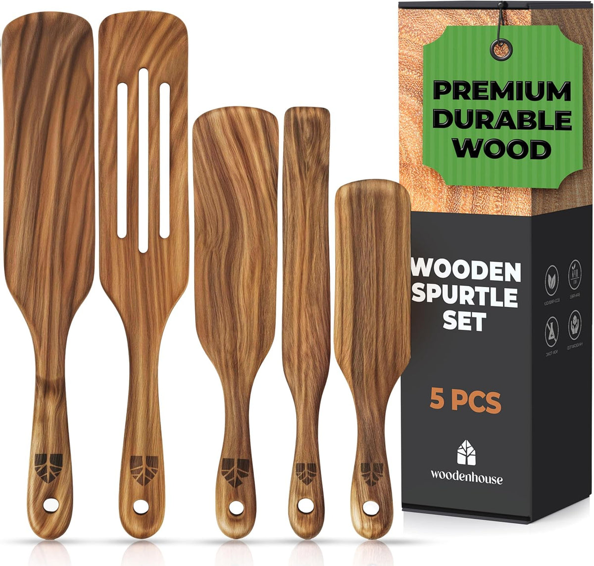 Wooden Spurtle Set, Teak Spurtles Kitchen Tools, Wooden Spatula for Cooking, Wood Utensils Set of 5, Non Stick Cookware for Serving, Stirring, Mixing, Scraping, Scooping, Healthy and Heat Resistant - PuriLite