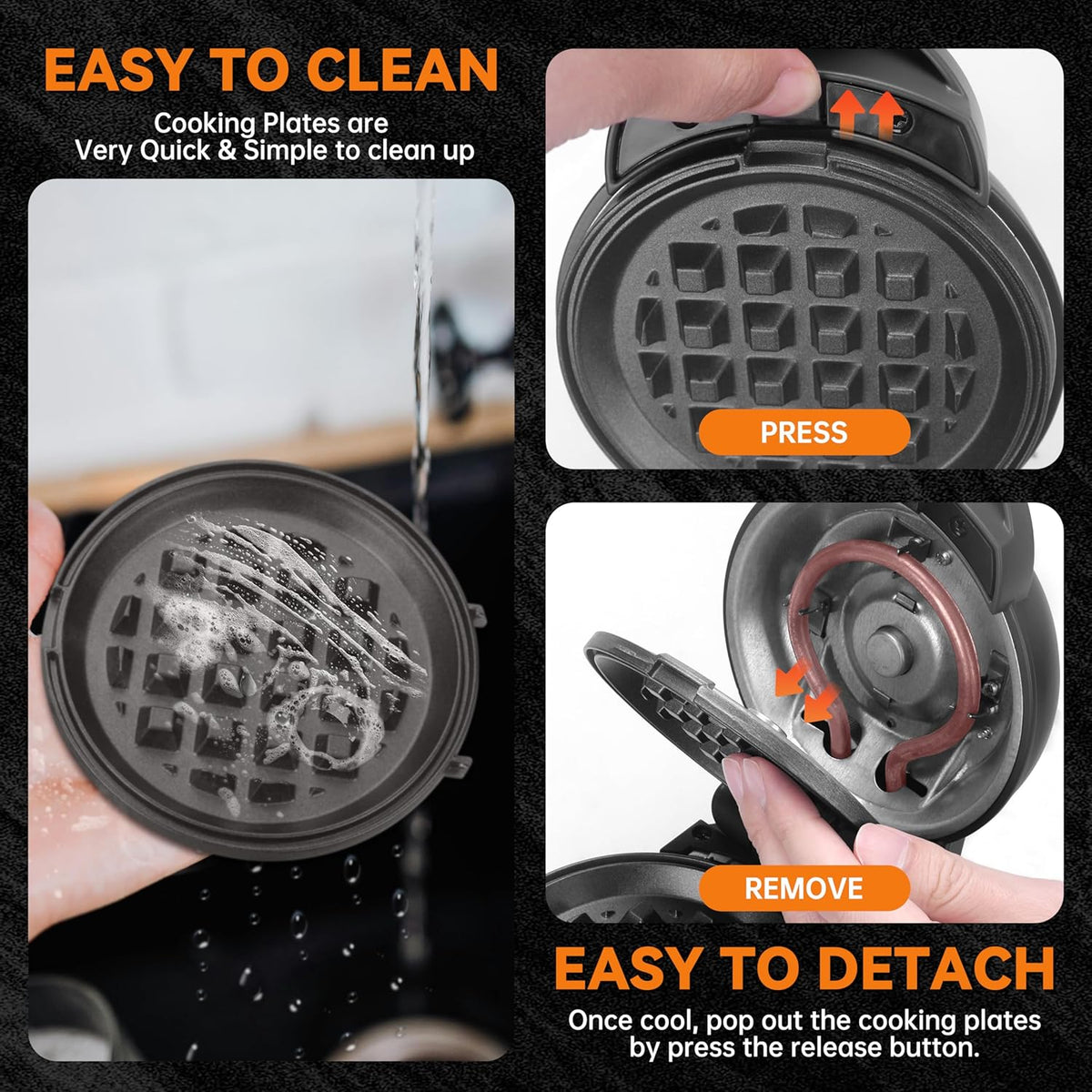 Baker's Friend 4 in 1 Mini Waffle Maker With Removable Plates - Pancake, Donut, Heart Shape and Small Waffle Maker Set - Recipe Included, Graphite - PuriLite