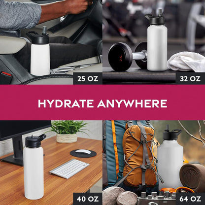 FineDine Water Bottle - Stainless Steel Insulated Water Bottle with Straw Lid, Flip Lid & Wide-Mouth Cap - Keeps Hot and Cold - 25 Oz / 739ml - Pure Pearly White - PuriLite