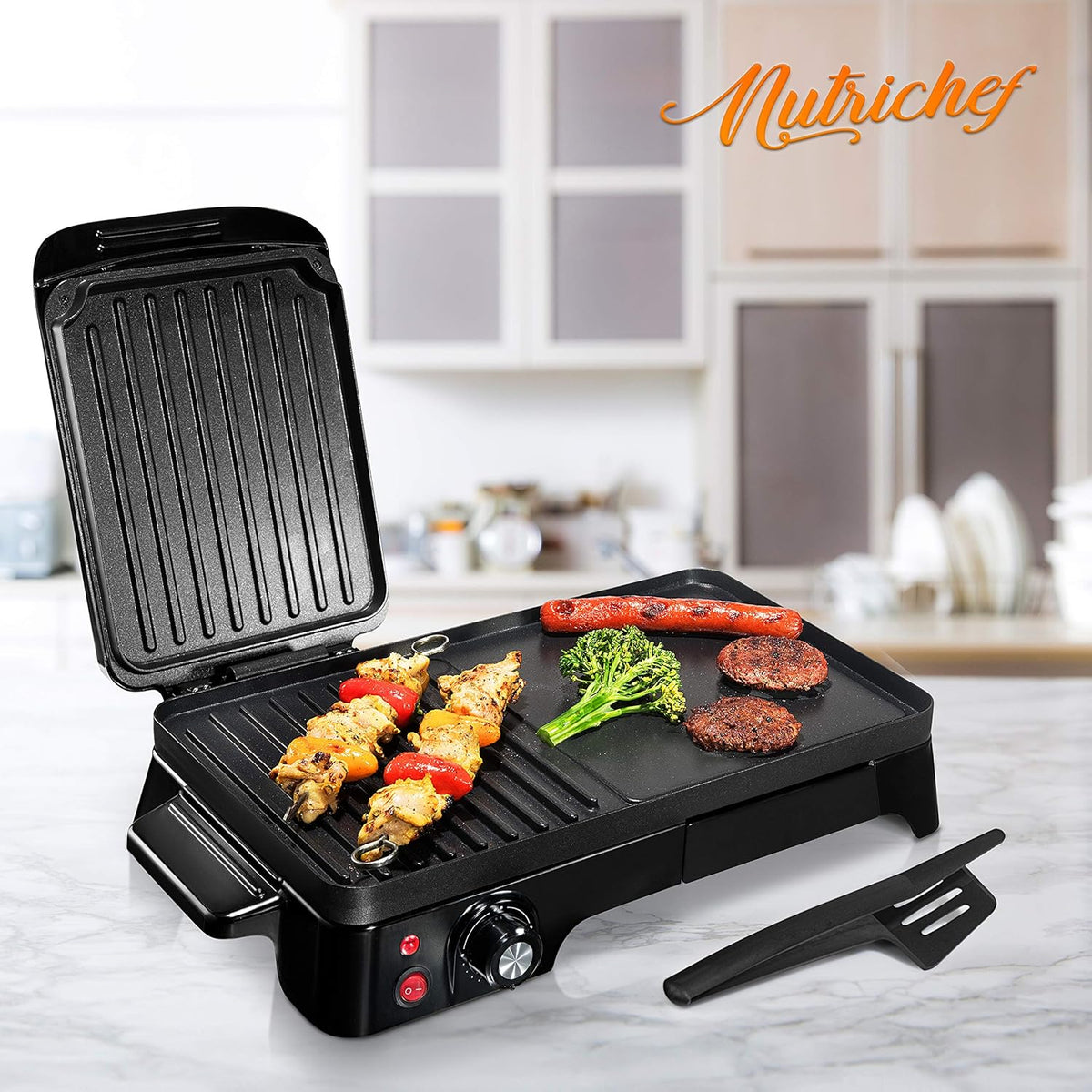 NutriChef Electric Griddle - Dual Hot Plate Cooktop Crepe Maker with Press Grill, Nonstick Coating, Rotary Temperature Control, Plug-in Operation & Oil Tray for Kitchen & Countertop (PKGRIL43) - PuriLite