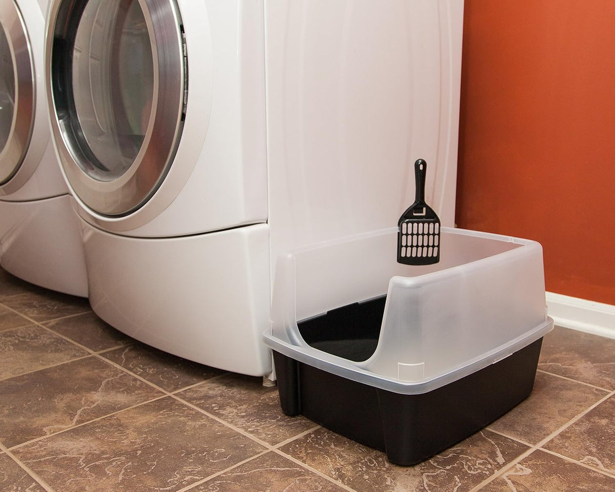 IRIS USA Large Cat Litter Box with Scoop, Open Top Cat Litter Pan, Black - PuriLite