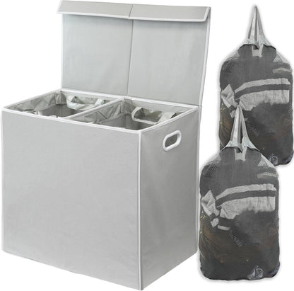 SimpleHouseware Double Laundry Hamper with Lid and Removable Laundry Bags, Beige - PuriLite