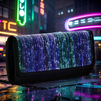 Larcenciel Clutch Purse for Women, LED Light Up Purse - 11 Neon Glow Modes, Holographic Evening Bag with Chain Strap, Rechargeable Party Handbag for Prom Disco Club Bar Night Events Weddings (Black) - PuriLite