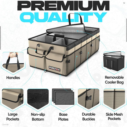 FORTEM Car Trunk Organizer, Collapsible Multi Compartment Car Organizer, Foldable SUV Storage for Car Accessories for Women Men, Non Slip Bottom, Securing Straps, Soft Cover 50L (Black, Standard) - PuriLite