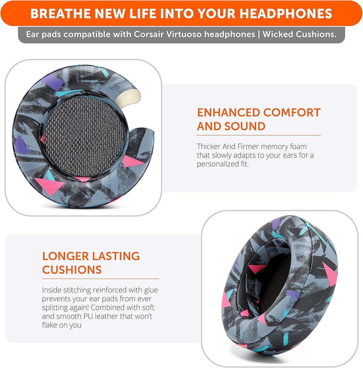 WC Upgraded Replacement Earpads for Corsair Virtuoso RGB Wireless Gaming Headset Made by Wicked Cushions | Improved Durability, Thickness, Softer Leather, and Sound Isolation | (90s Black) - PuriLite