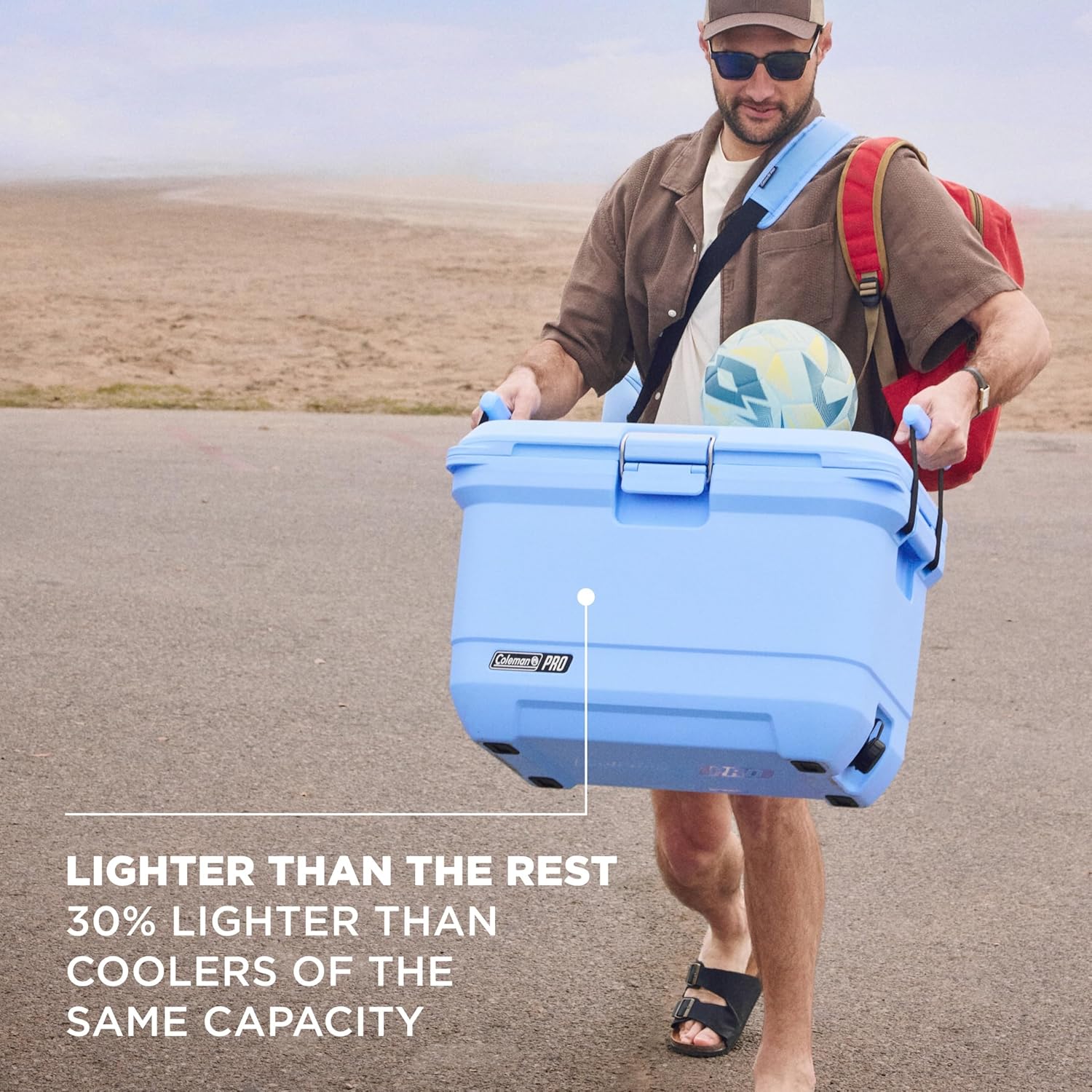 Coleman Pro Heavy-Duty Ultra-Light Premium Hard Cooler, 92/74/36-Can Capacity, Extra-Thick Insulation Keeps Ice up to 5/4/3 Days, 55-Quart Wheeled Cooler or 45/25 qt (No Wheels), Blue Sky - PuriLite