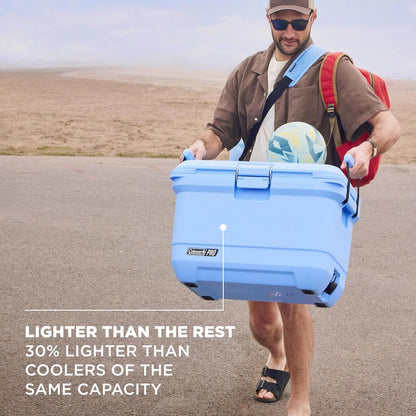 Coleman Pro Heavy-Duty Ultra-Light Premium Hard Cooler, 92/74/36-Can Capacity, Extra-Thick Insulation Keeps Ice up to 5/4/3 Days, 55-Quart Wheeled Cooler or 45/25 qt (No Wheels), Blue Sky - PuriLite