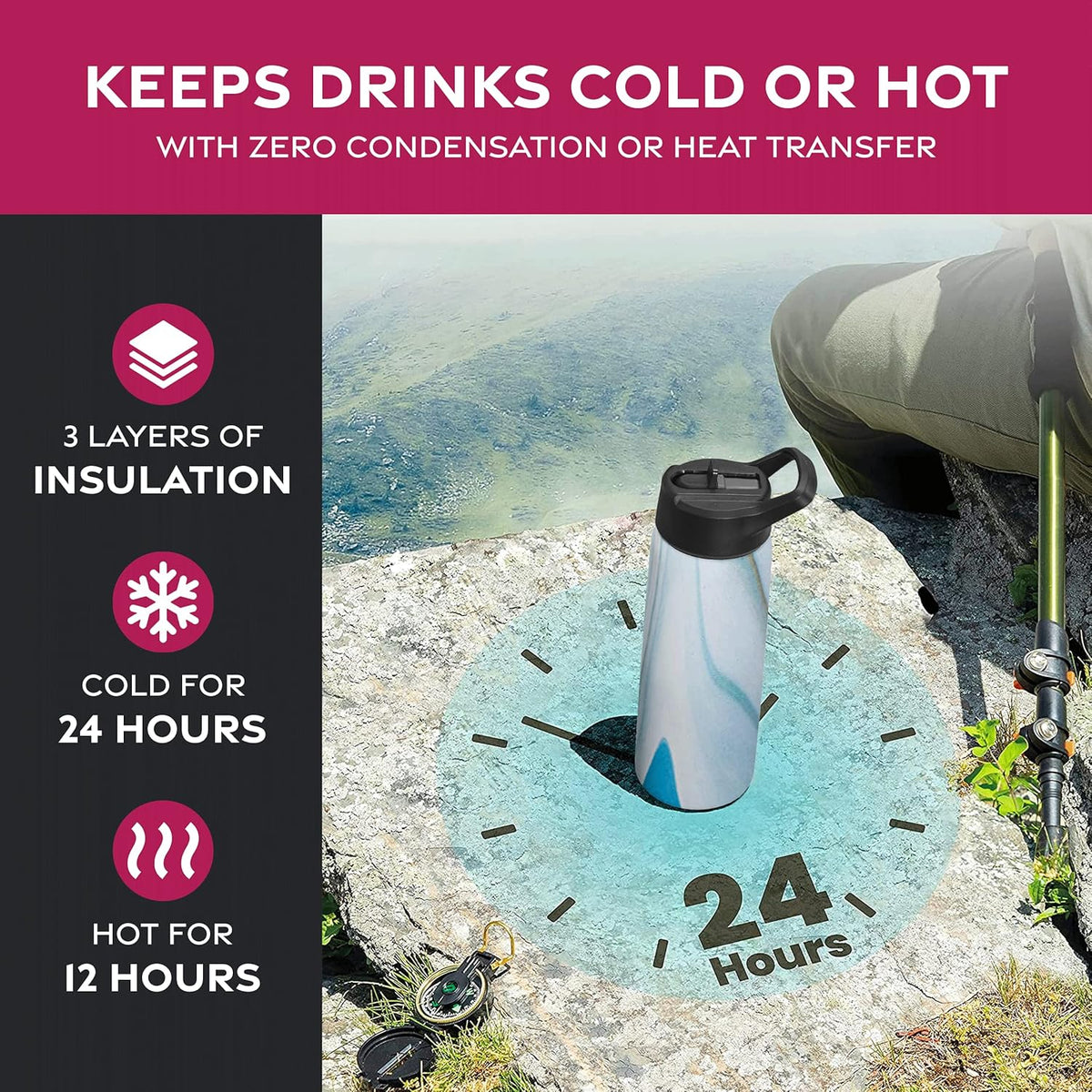 FineDine Water Bottle - Stainless Steel Insulated Water Bottle with Straw Lid, Flip Lid & Wide-Mouth Cap - Keeps Hot and Cold - 25 Oz / 739ml - Pure Pearly White - PuriLite