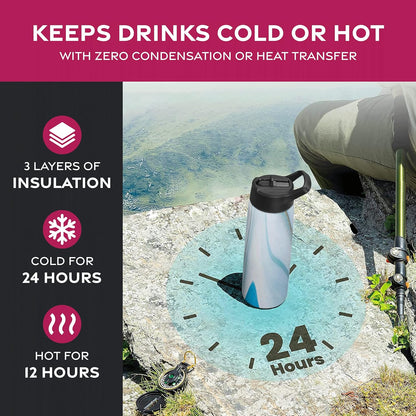 FineDine Water Bottle - Stainless Steel Insulated Water Bottle with Straw Lid, Flip Lid & Wide-Mouth Cap - Keeps Hot and Cold - 25 Oz / 739ml - Pure Pearly White - PuriLite