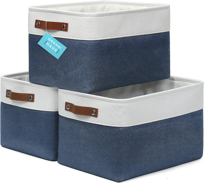 OrganiHaus Large Fabric Storage Baskets for Shelves 3 Pack, 15x11in Closet Storage Bins for Shelves, Cloth Baskets, Fabric Storage Cubes, Linen Closet Organizers, Fabric Basket, White Basket - PuriLite