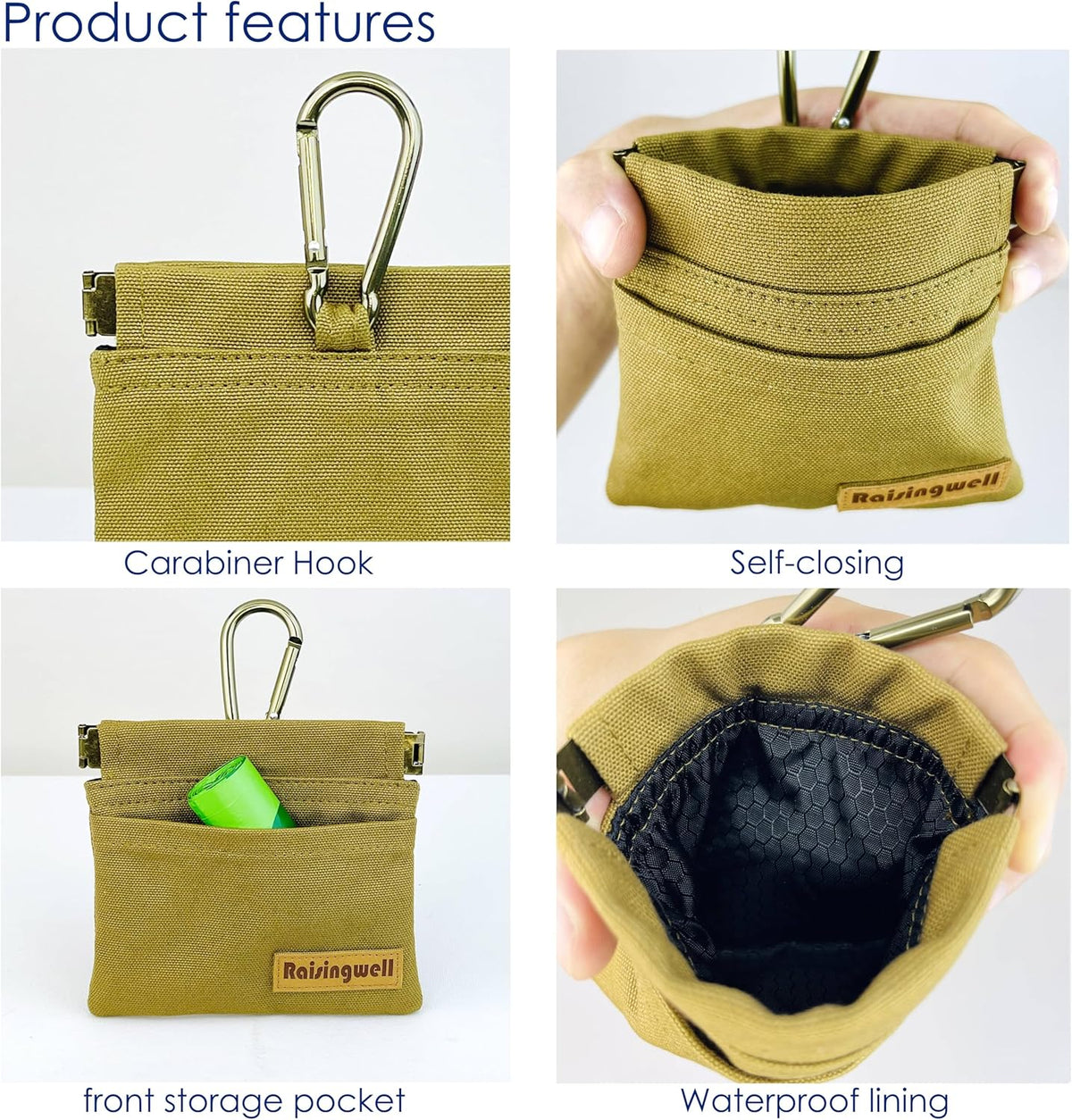 Raisingwell Dog Treat Pouch, Black Pocket Sized Pet Training Pouch, Cotton Fabric, Hand Free Dog Walking Bag with Carabiner, Self-Closing Pet Feed Snack Reward, for Pet Puppy Travel or Outdoor Use - PuriLite