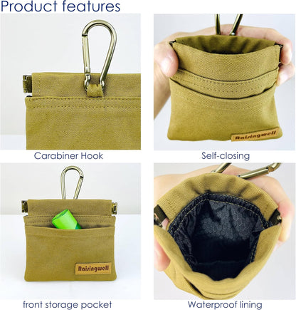 Raisingwell Dog Treat Pouch, Black Pocket Sized Pet Training Pouch, Cotton Fabric, Hand Free Dog Walking Bag with Carabiner, Self-Closing Pet Feed Snack Reward, for Pet Puppy Travel or Outdoor Use - PuriLite