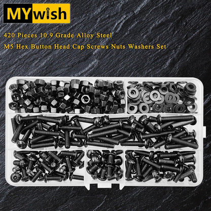 Mywish 900Pcs Metric Screw Assortment, M3 M4 M5 M6 Screw Assortment Kit 304 Stainless Steel Hex Socket Button Head Socket Cap Metric Screws Bolts & Flat Washers/Nuts/Hex Wrenches 16 Sizes 8MM to 20MM - PuriLite