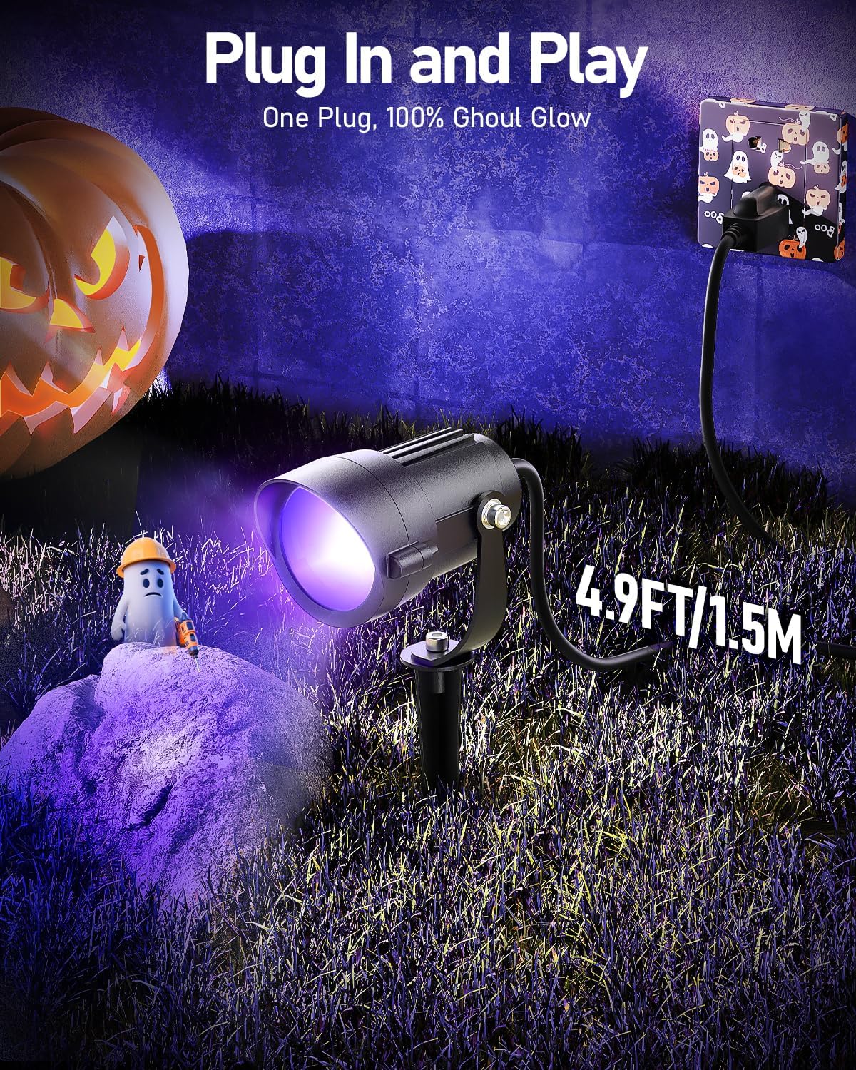 HIBOITEC 12W Halloween Black Light Spotlight Outdoor 1Pack IP65 Waterproof LED Spot Lights Landscape Lighting with US Plug for Glow Party Body Paint Yard Garden Decorations - PuriLite