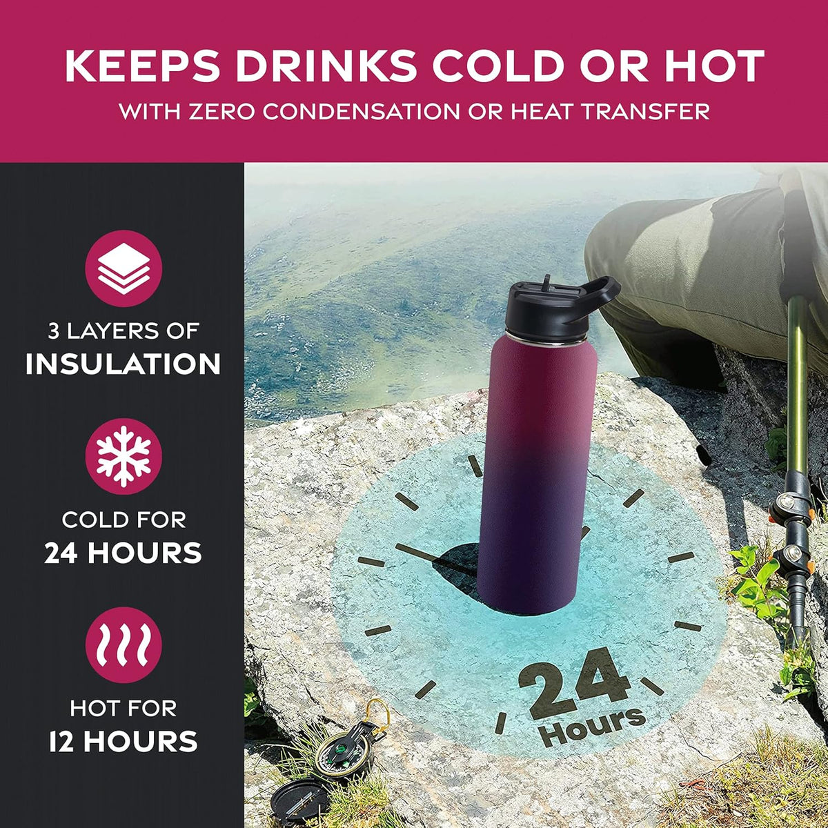 FineDine Water Bottle - Stainless Steel Insulated Water Bottle with Straw Lid, Flip Lid & Wide-Mouth Cap - Keeps Hot and Cold - 25 Oz / 739ml - Pure Pearly White - PuriLite