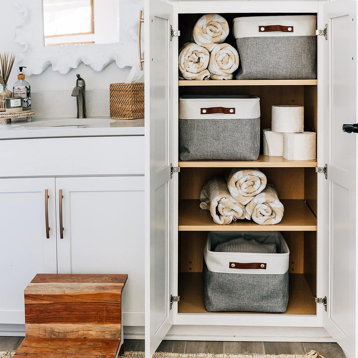 OrganiHaus Large Fabric Storage Baskets for Shelves 3 Pack, 15x11in Closet Storage Bins for Shelves, Cloth Baskets, Fabric Storage Cubes, Linen Closet Organizers, Fabric Basket, White Basket - PuriLite