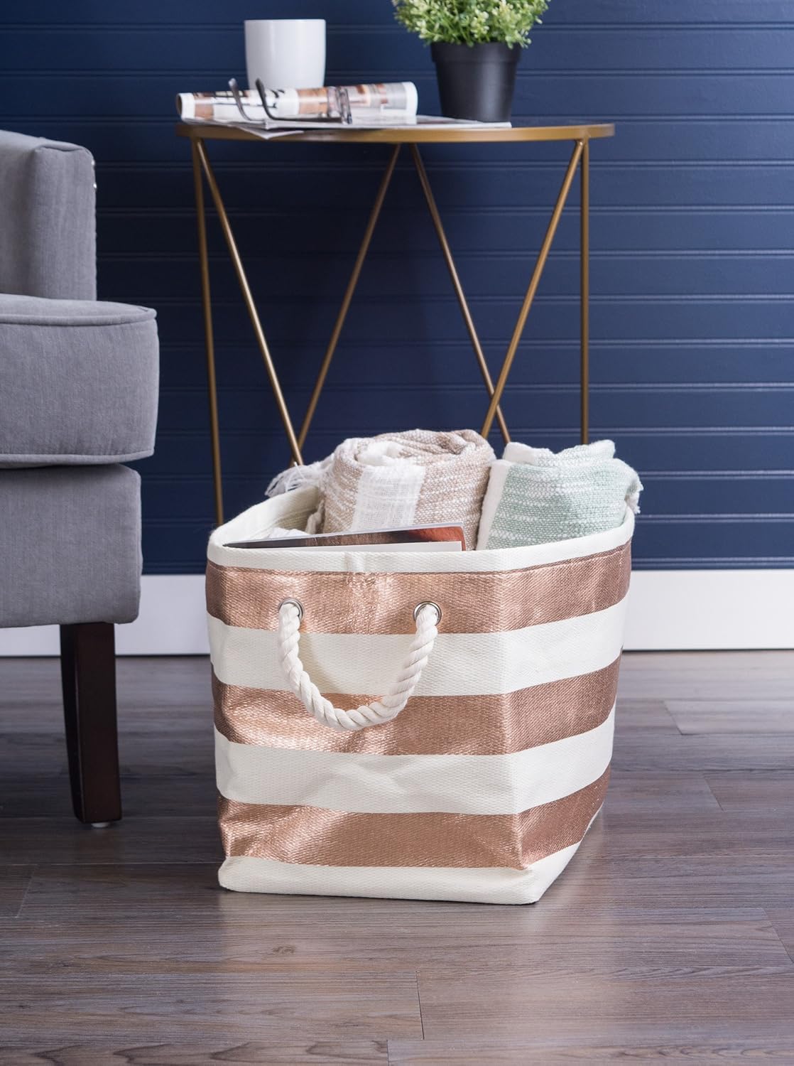DII Storage Basket or Bin, Collapsible & Convenient Storage Solution for Office, Bedroom, Closet, Toys, Laundry (Large) - Pink Rugby Stripe - PuriLite