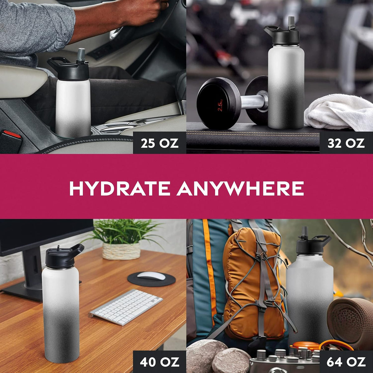 FineDine Water Bottle - Stainless Steel Insulated Water Bottle with Straw Lid, Flip Lid & Wide-Mouth Cap - Keeps Hot and Cold - 25 Oz / 739ml - Pure Pearly White - PuriLite