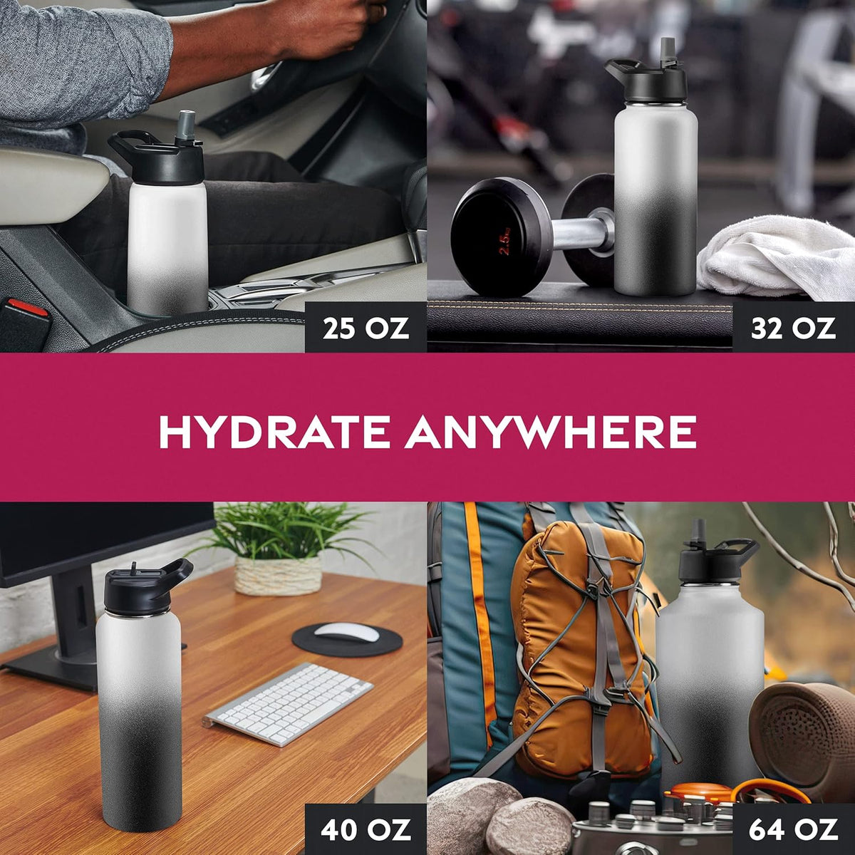 FineDine Water Bottle - Stainless Steel Insulated Water Bottle with Straw Lid, Flip Lid & Wide-Mouth Cap - Keeps Hot and Cold - 25 Oz / 739ml - Pure Pearly White - PuriLite