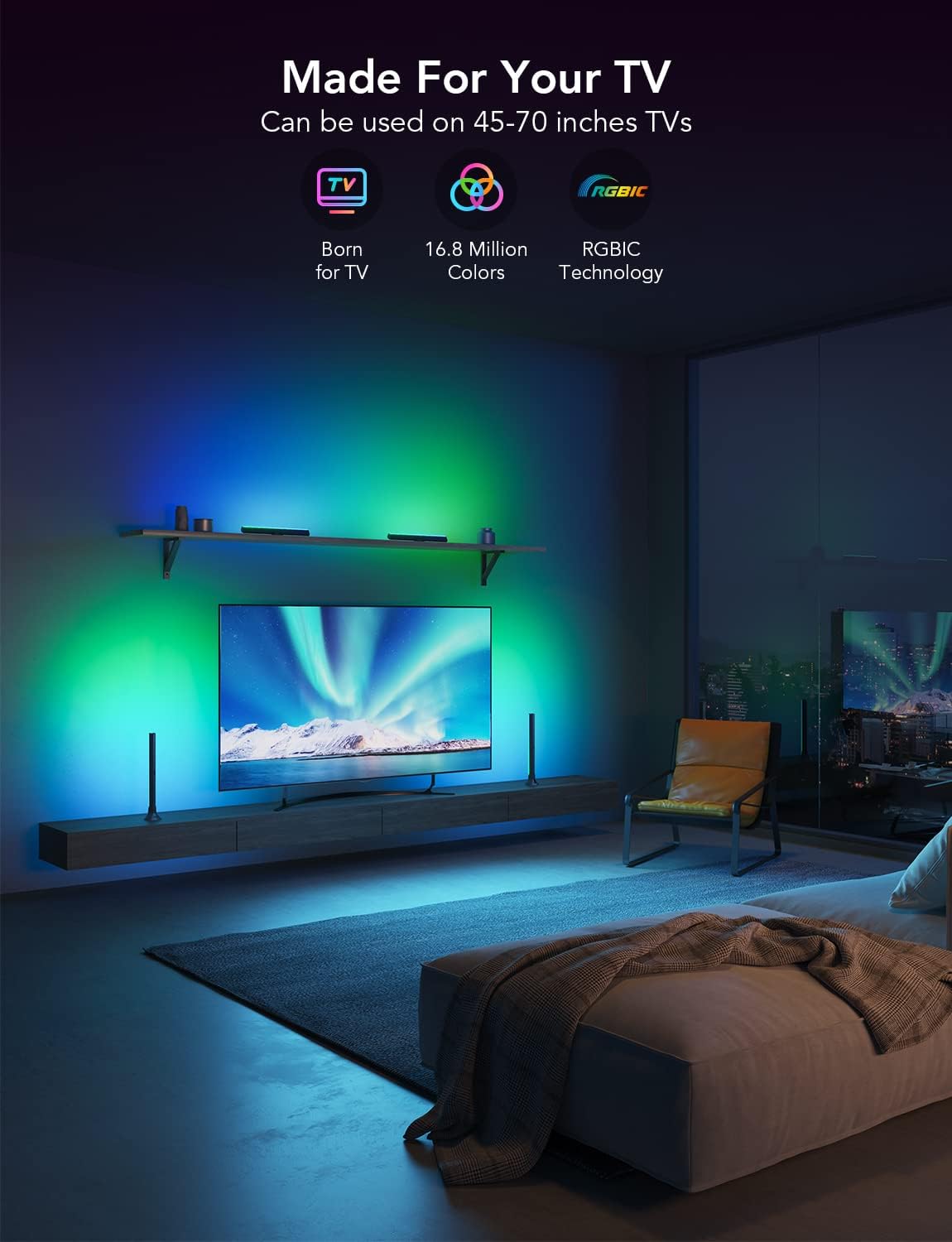 Govee RGBIC TV Light Bars, 15 Inches WiFi TV Backlight with Double Light Beads, Smart Light Bars with Multiple Placement Options Suitable for 45-70 inch TVs, Work with Alexa and Google Assistant - PuriLite