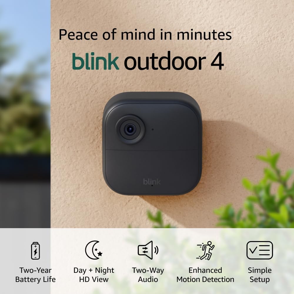 Blink Outdoor 4 (newest model), Wireless smart security camera, two-year battery, 1080p HD day and infrared night live view, two-way talk – 2 camera system - PuriLite