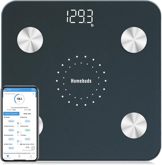 Homebuds Digital Bathroom Scale for Body Weight and Body Fat, Weighing Professional Since 2001, Body Composition Monitor Professional for BMI Fat Water Muscle with App, 400lb, Blue - PuriLite