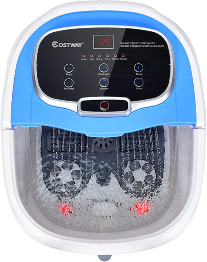 COSTWAY Foot Spa/Bath Massager, with Motorized Rollers, Shiatsu Massage, Shower, Heat, Red Light, Temperature Control, Timer, LED Display, Drainage Pipe for Foot Stress Relief (Blue) - PuriLite