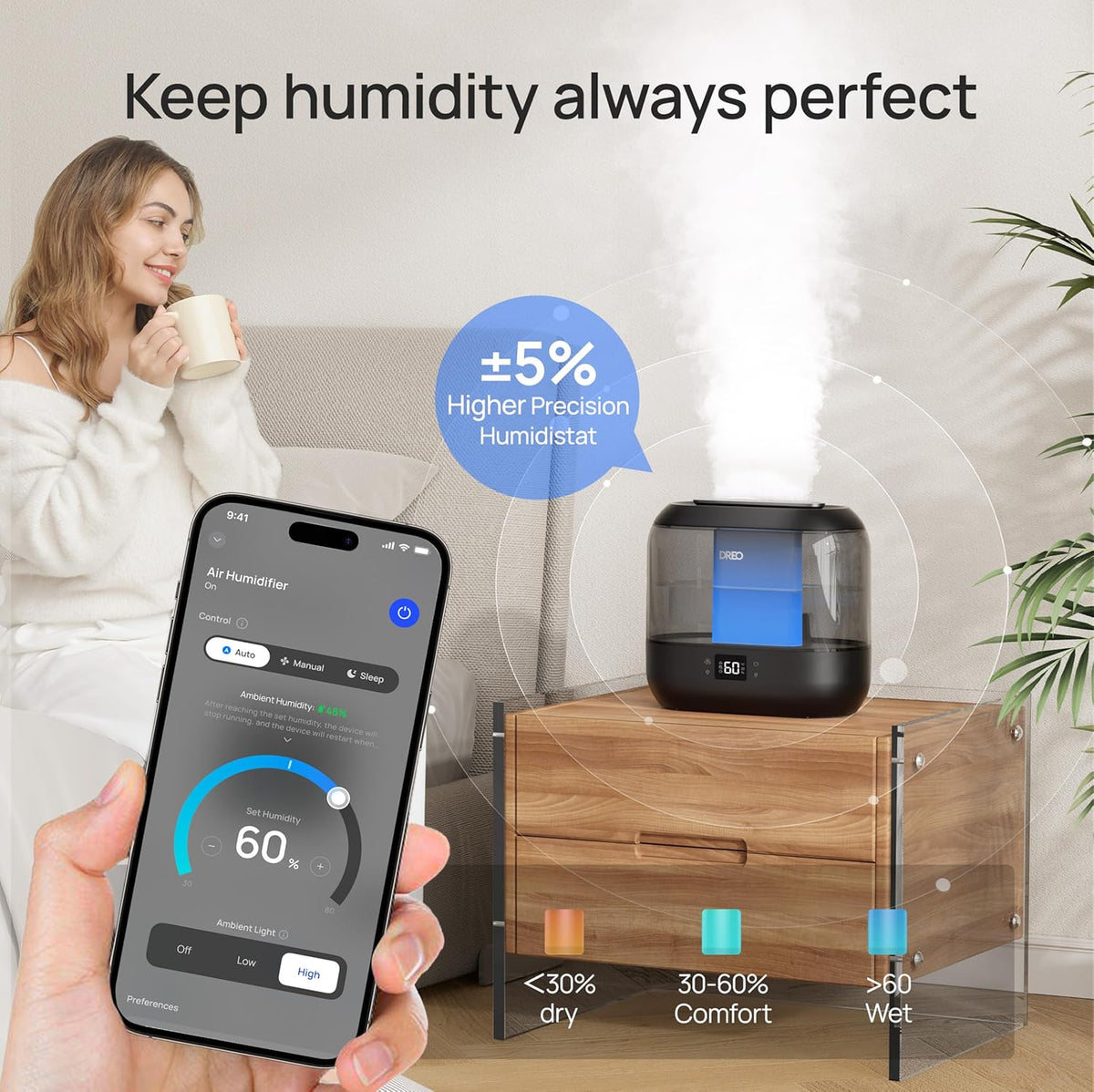 Dreo 4L Smart Humidifiers for Bedroom, Top Fill Quiet Cool Mist Humidifier for Baby Large Room, Ultrasonic with Oil Diffuser, Nightlight, Auto, 32H Runtime for Home, Nursery, Plants, Works with Alexa - PuriLite
