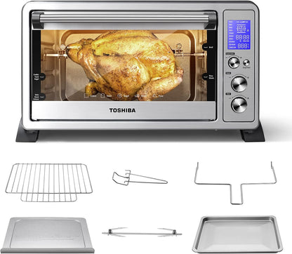 TOSHIBA AC25CEW-SS Large 6-Slice Convection Toaster Oven Countertop, 10-In-One with Toast, Pizza and Rotisserie, 1500W, Stainless Steel, Includes 6 Accessories - PuriLite