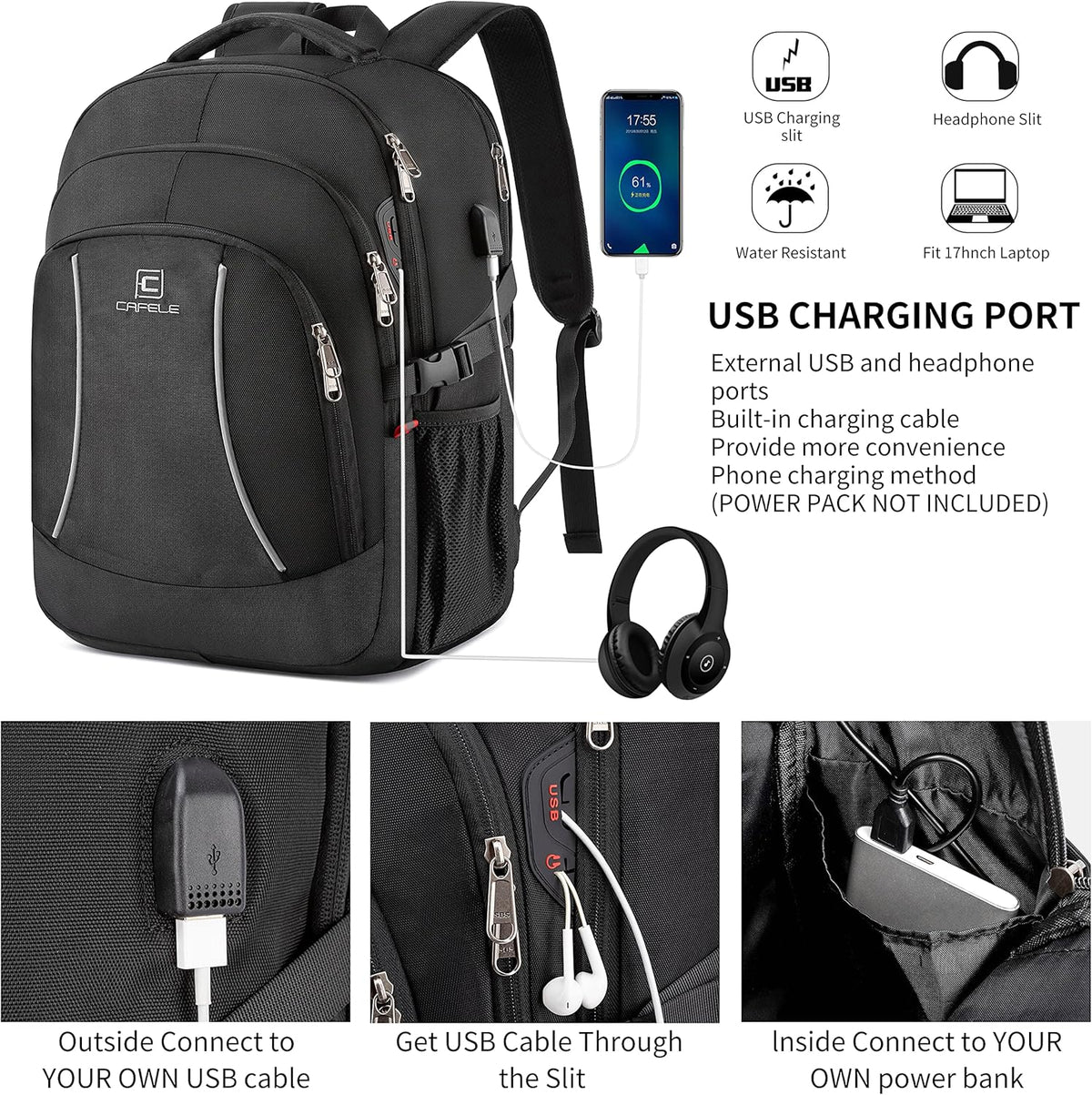 RFID Cafele Laptop Backpack Travel Computer Backpack College Bookbag School Backpack with USB Charging Port - PuriLite