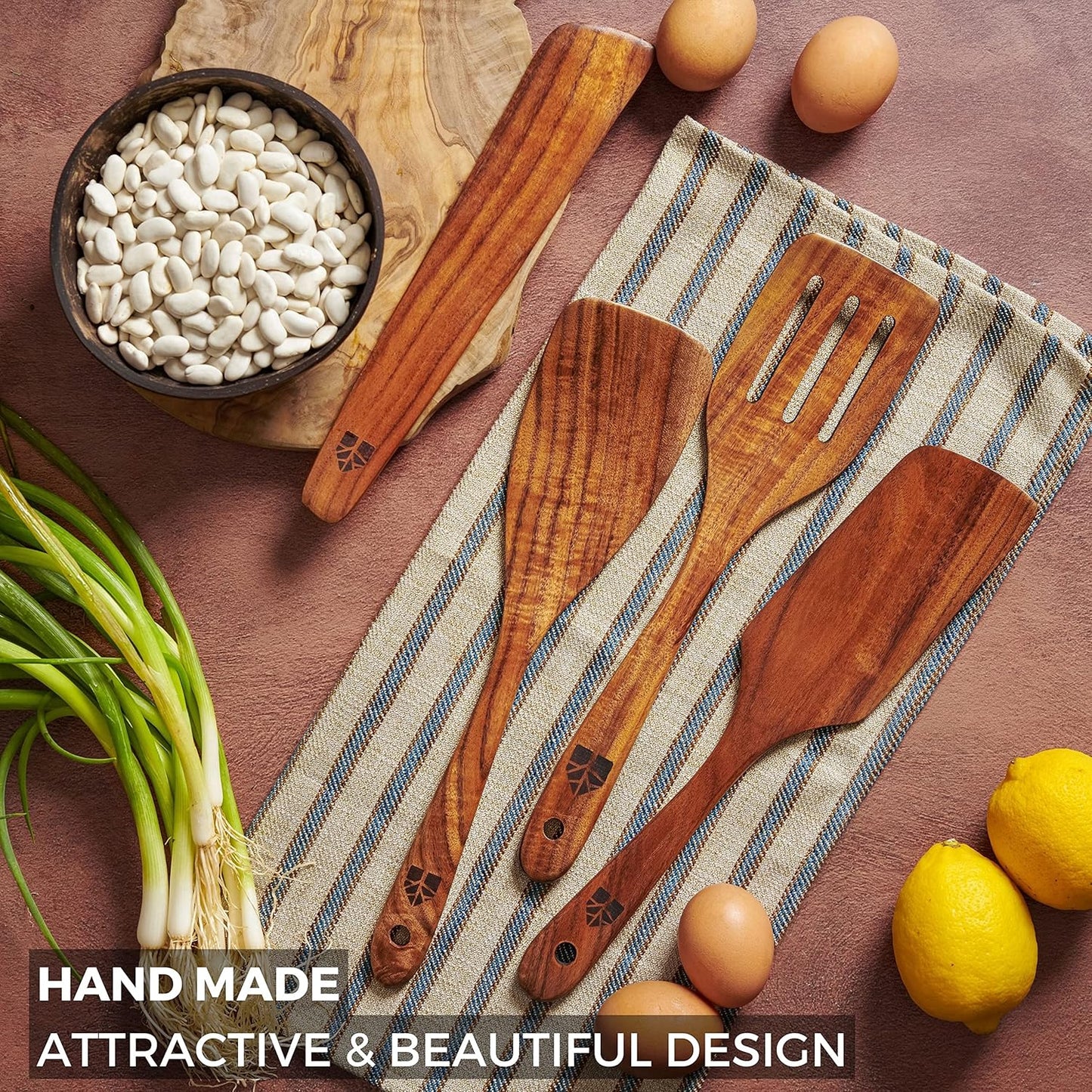 Wooden Spatula for Cooking, Kitchen Spatula Set of 4, Natural Teak Kitchen Utensils Including Paddle, Turner, Slotted Spurtle and Wood Scraper - Nonstick cookware - PuriLite