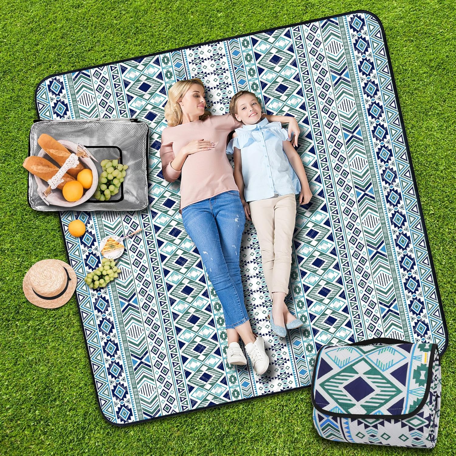 SAMSIER Large Outdoor Picnic Blankets Waterproof Foldable, Beach Blanket Sandproof Portable, Cute Picnic Mat Washable (Navy Blue, 60"×80") - PuriLite