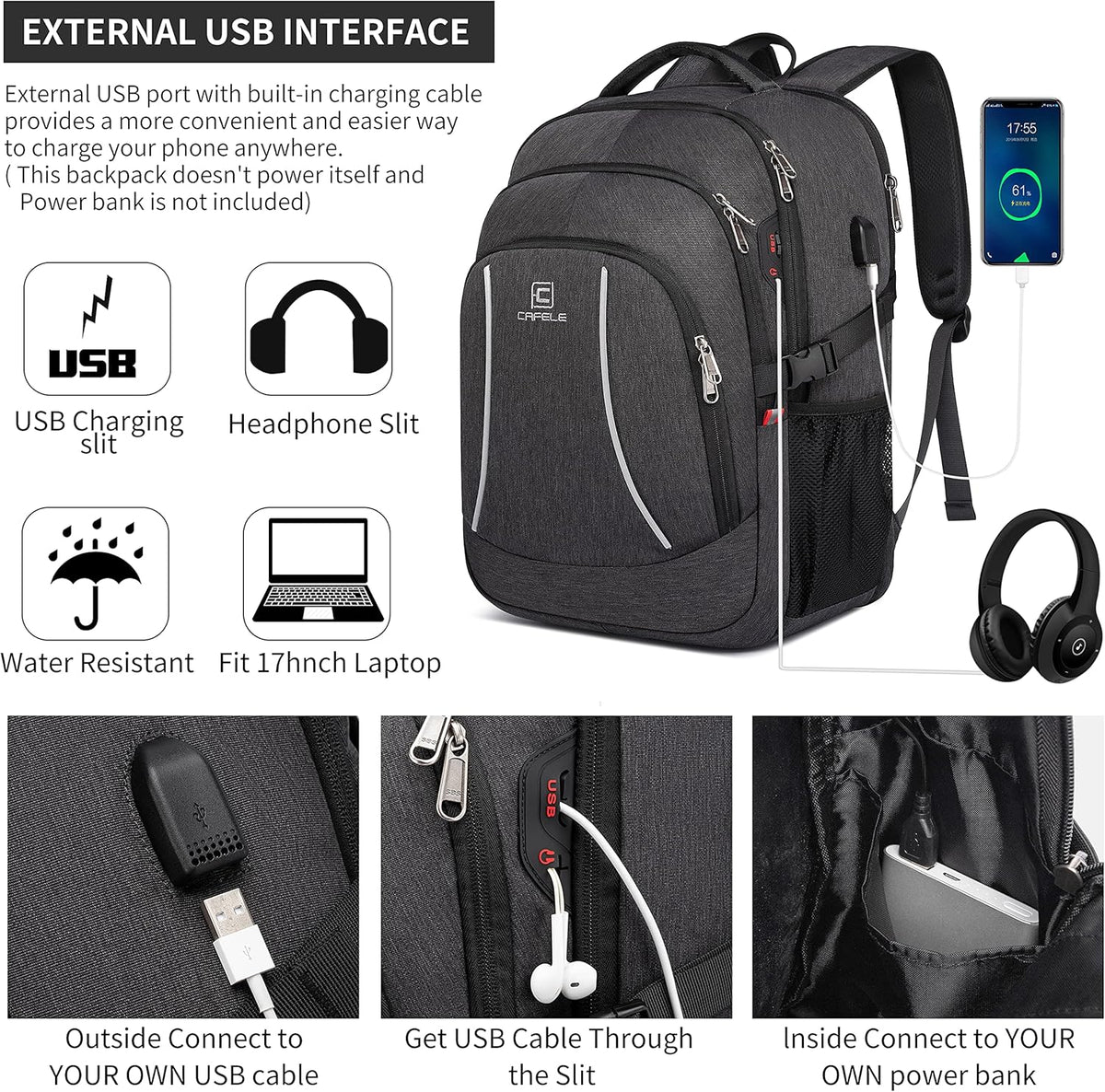 RFID Cafele Laptop Backpack Travel Computer Backpack College Bookbag School Backpack with USB Charging Port - PuriLite