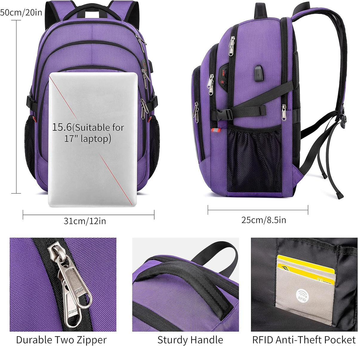 RFID Cafele Laptop Backpack Travel Computer Backpack College Bookbag School Backpack with USB Charging Port - PuriLite