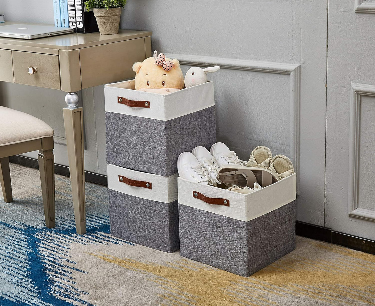 DECOMOMO Fabric Cube Storage Bin - Storage Baskets for Shelves, Kallax (Grey & White, 13 inch Cube) - 4 Pack - PuriLite