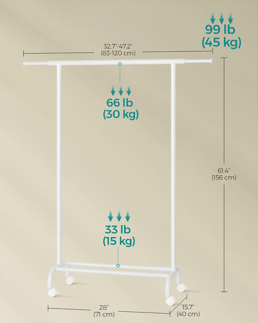 Heavy Duty Extendable Rolling Garment Rack with Wheels | Adjustable Metal Clothes Rack | Portable Clothing Organizer | Cloud White