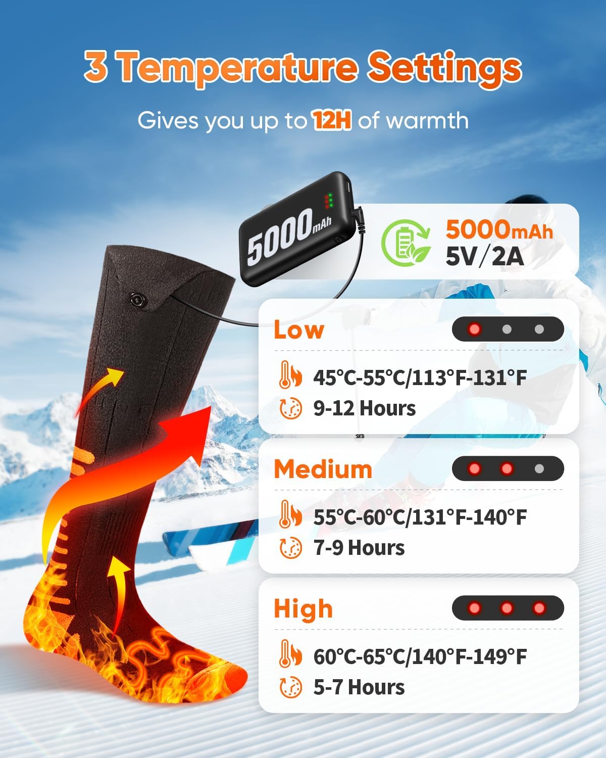 Purilite Select Electric Heated Socks | Rechargeable Thermal Heated Socks with 3-Level Temperature Control | Breathable Cotton 5000mAh Foot Warmer for Winter - PuriLite