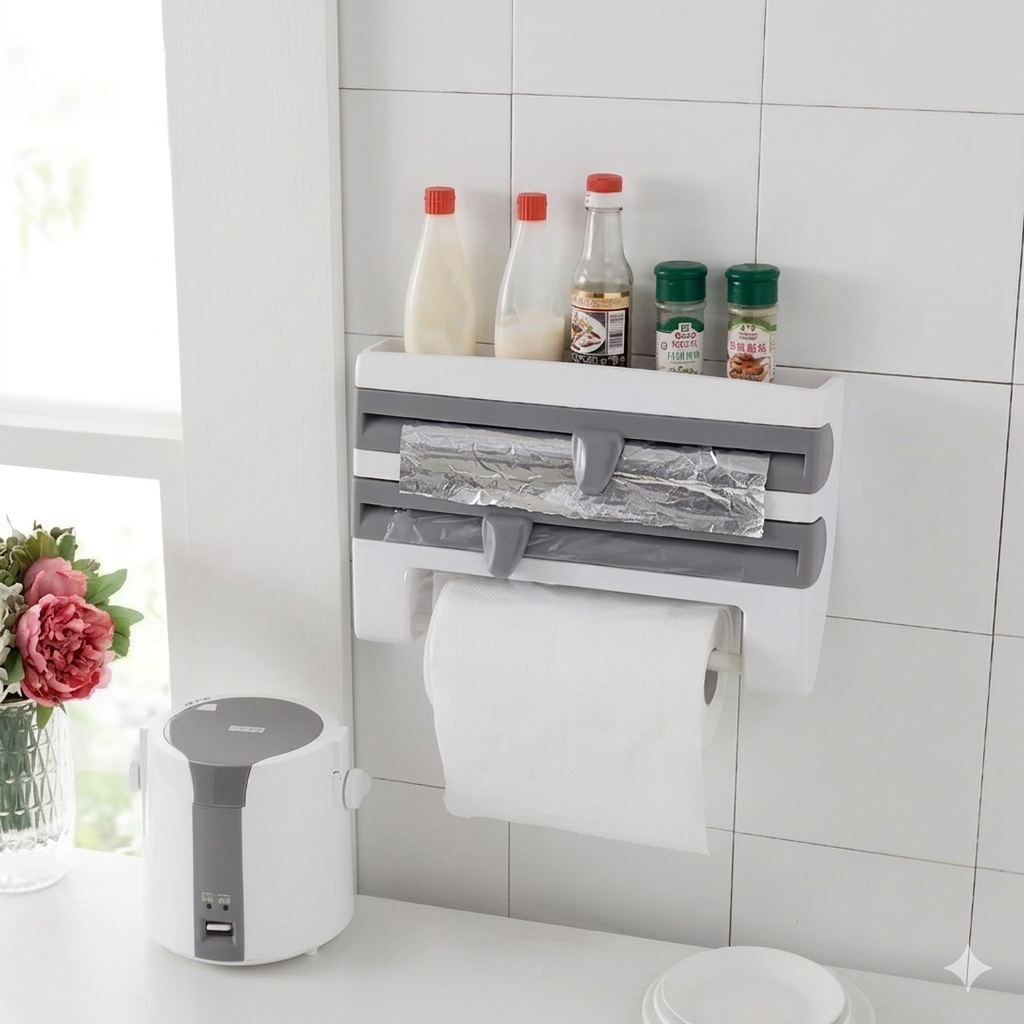 Purilite Select 4-in-1 Kitchen Paper Towel Holder Wall Mount, Adhesive Tissue Rack with Cling Film Cutter and Sauce Bottle Organizer - PuriLite