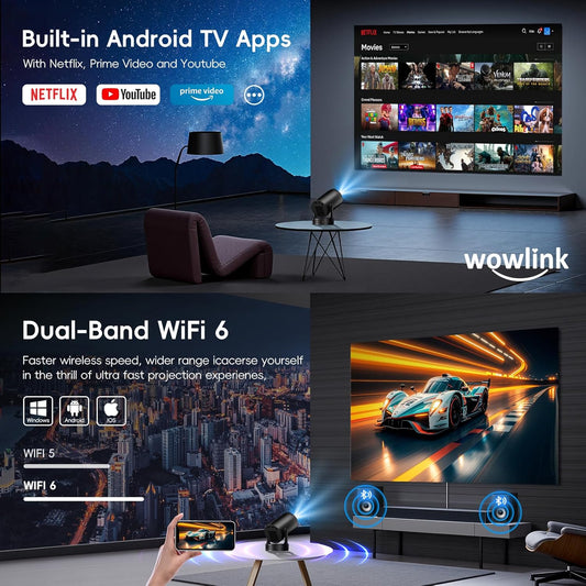 [Built-in Apps & 2025 Upgraded] Mini Projector with WiFi 6 and Bluetooth 5.4 Support 4K 1080P Auto Keystone 180° Rotatable Projector Portable Compatibile with HDMI/TV Stick/Memory Stick/Laptop, Black - PuriLite